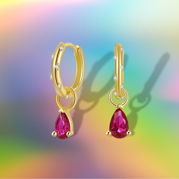 NEW 14K Yellow Gold-Plated White Crystal CZ Encrusted Huggie Hoops w Ruby Dangle - Picture 8 of 16